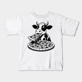 Cow eating Pizza Black & White Kids T-Shirt